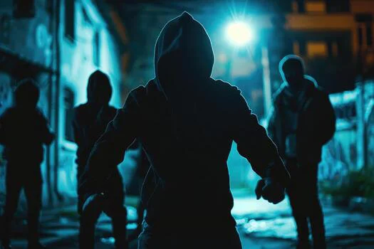 dangerous-criminal-silhouette-of-bandits-criminals-with-an-unrecognizable-face-in-threatening-pose-at-night-on-dark-street-photo